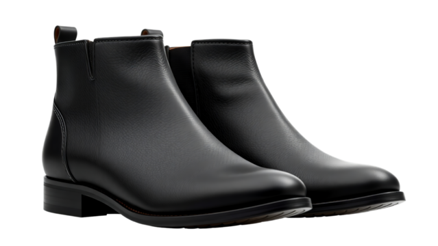 Stylish black leather ankle boots for men, featuring a sleek design and modern silhouette on Transparent background