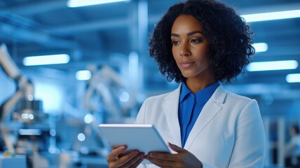 Confident woman project manager holding digital tablet, analyzing holographic futuristic big data visualization on screen in high tech monitoring room