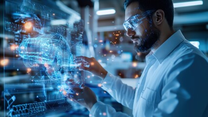 Automotive engineer designing electric car using augmented reality hologram interface innovation 3D model