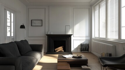 Fototapeta premium Modern living room with fireplace, sunlight streams in. Ideal for interior design, home decor, or real estate