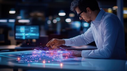 Automotive engineer designing electric car using augmented reality hologram interface innovation 3D model