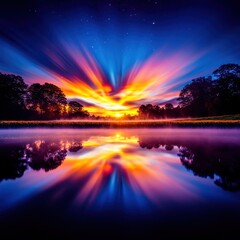 Obraz premium Vibrant sunrise reflected in tranquil lake, trees silhouetted against colorful sky