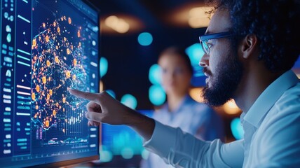 It specialist analyzing code and graph data on computer screen in center global business analysis software testers with man pointing at a screen displaying testing dashboard, Teamwork Office