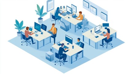 Obraz premium An open-plan office space with multiple desks arranged in neat rows. 