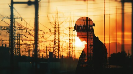 Silhouette of an electrical engineer double exposure wearing a hard hat superimposed over a power grid at sunset, symbolizing energy and electricity supply