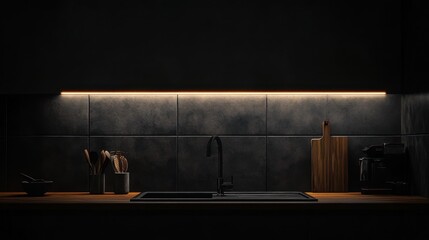 Dark modern kitchen, minimalist design, sleek faucet, countertop, use for interior design catalog