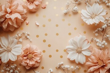 Elegant Floral Frame with Pink and White Paper Flowers and Golden Confetti on Cream Background
