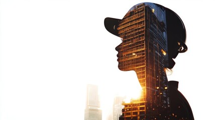 Double exposure of a civil engineer silhouette at a construction site with a building designer working and meeting at night Copy space for text banner style, isolated on white background