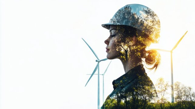 Female engineer woman embracing sustainable energy and environmental conservation with wind turbines Double exposure