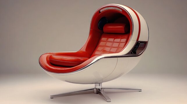 Red and white egg-shaped chair with a swivel base. Modern and stylish design