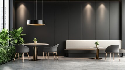 Modern cafe interior with dark walls and seating area