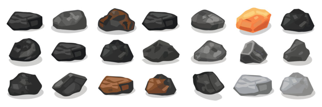 Clip art hand drawn simplistic illustration of different coals, minerals, stones or rocks set. Cartoon game art rocks and stones