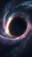 A colossal black hole located at the universe's core, distorting the essence of time itself. Light trails twist endlessly into the event horizon, elongated indefinitely by gravitational forces. 