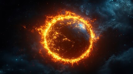Earth is surrounded by a ring of fire, symbolizing global warming.