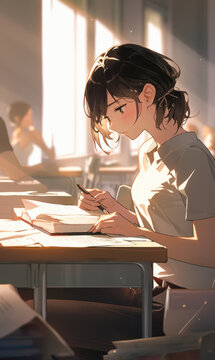Student at school reading a book, school interior. Anime art style.