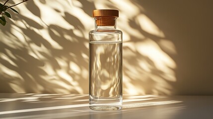 Eco-consciousness and sustainable living are symbolized by sunlight illuminating an empty reusable glass bottle with a wooden cap on a white surface.