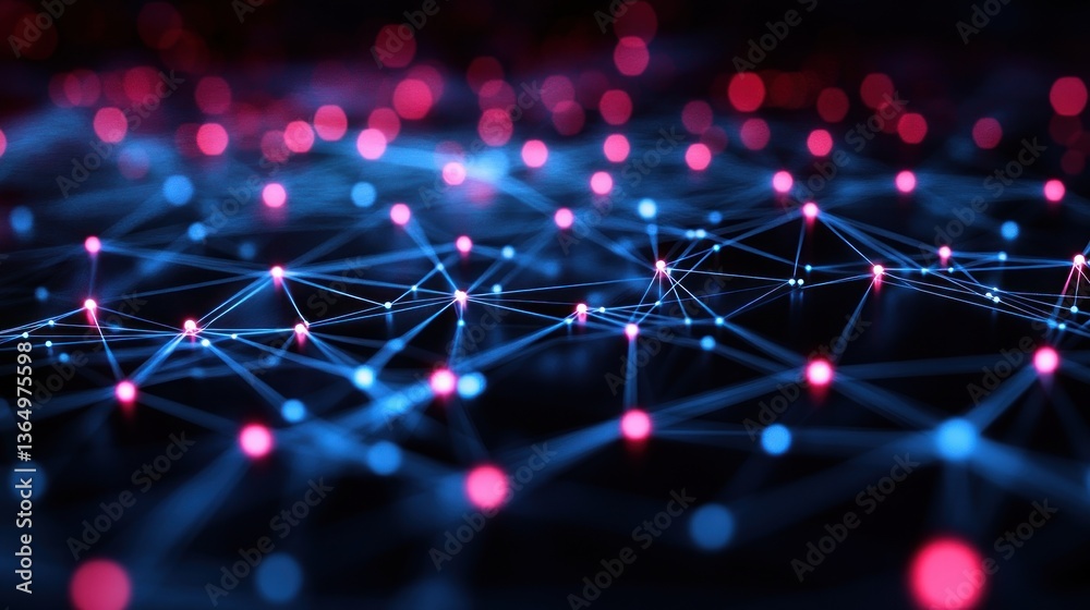 Poster futuristic interconnected network with glowing nodes and vibrant light trails illustrating advanced 