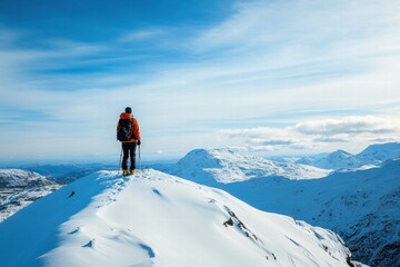 Explorer standing on a snowy mountain peak with a breathtaking view