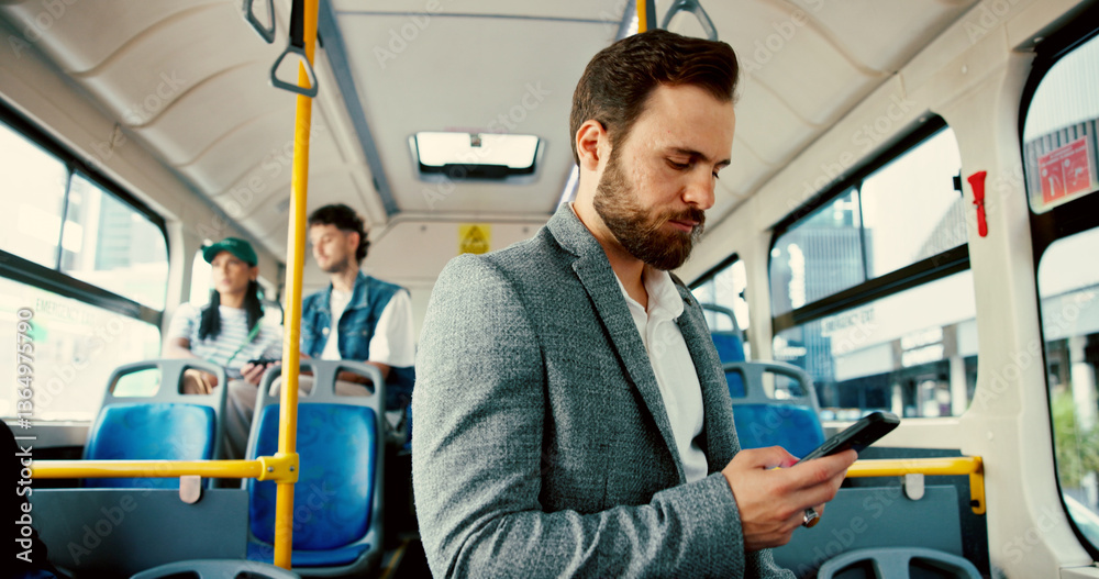 Poster businessman, phone and texting in bus, commute and check notification with mobile app, email and cha