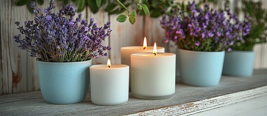 Lit candles and potted lavender flowers arranged decoratively on a shelf