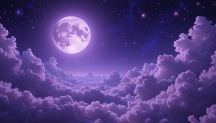 A breathtaking full purple moon shines brightly in a surreal night sky above a fluffy sea of purple clouds creating a magical dreamscape.