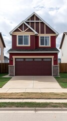 Red two-story house with a garage on a sunny day in suburbia for real estate and home improvement