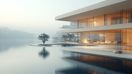 Fototapeta premium Modern lakeside house with infinity pool, minimalist design, tranquil setting