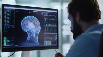 A machine learning engineer creating deep learning models for natural language processing, office with data algorithms and NLP models visible, High-tech style