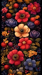 Fototapeta premium Vibrant Red Orange and Purple Floral Pattern on Dark Background