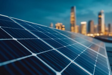 Solar Panels on Rooftop with City Skyline in Background Promoting Clean Urban Energy