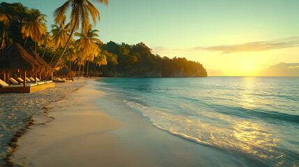 Tropical Beach Sunset Scene With Palm Trees