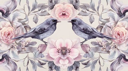 A beautiful watercolor illustration featuring two birds surrounded by flowers and leaves, creating a harmonious nature-inspired design.