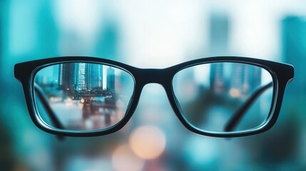 Cityscape reflected in eyeglasses, urban view, looking through lenses, business background,  possible use for vision care, advertising