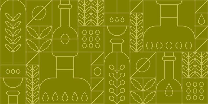 Green geometric seamless pattern with olive oil in bottles, fruits and tree leaves. Vector outline abstract background in modern line art style with Mediterranean virgin cooking oil and branches