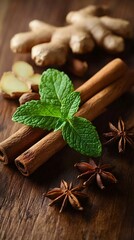 Aromatic spices including cinnamon, ginger, and fresh mint arranged beautifully on a wooden surface, perfect for culinary inspirations.