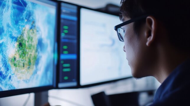 A machine learning engineer developing predictive models for climate change forecasting, research lab with climate data, machine learning algorithms