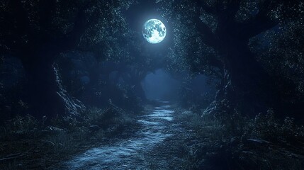 A serene night scene in a dark forest illuminated by a full moon, creating a mystical atmosphere along a winding path.