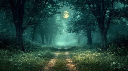 Fototapeta premium A serene moonlit path through a misty forest, evoking a sense of mystery and tranquility in nature's beauty.