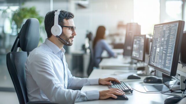 A machine learning engineer implementing AI for automated customer service, tech office with AI chatbots and customer interaction data visible, High-tech style