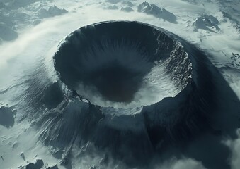Aerial view shows a large volcanic caldera covered in snow