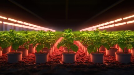 Fototapeta premium Rows of plants in a dark indoor greenhouse illuminated by red grow lights