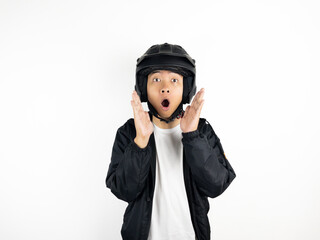 Shocked asian man riding a motorcycle. Isolated on white background