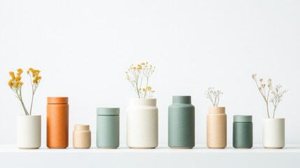 Simple ceramic vases with dried flowers.  Various shapes and muted colors