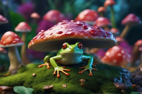 A brightly colored, trippy frog resting on a mushroom. Generative AI