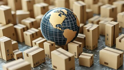 Global Shipping and Logistics: A 3D Globe Amidst Cardboard Boxes - Powered by Adobe