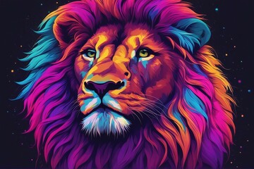 A Lion with a Stunning, Multicolored Rainbow Mane – A Creative Illustration. Generative AI