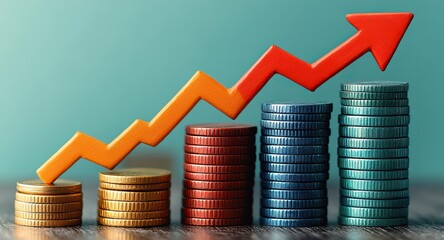 Increasing investment savings and a positive financial trend in the market are symbolized by coin stacks with an upward arrow.