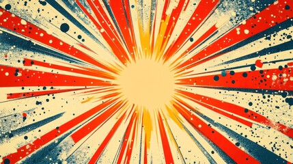 retro comic burst design with radial lines and splash pattern in red blue and yellow creating dynamic vintage themed graphic element