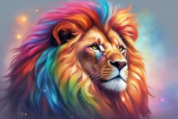 An illustration of a lion with a vibrant, multicolored rainbow mane. Generative AI