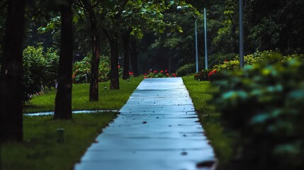 Obraz premium Serene Park Path Lush Greenery Flowers Tranquil Walkway